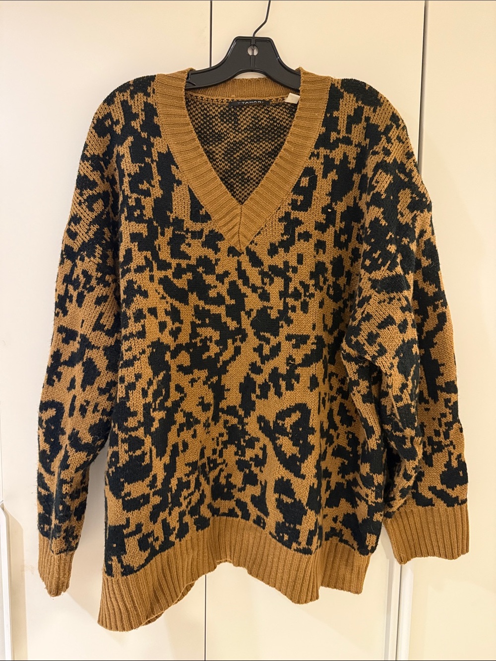 Tahari Two-Tone V-Neck Sweater in Camel and Black
